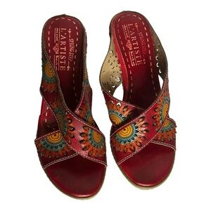 Women’s L’ Artiste by Spring Step ENTICING RED FLORAL Slide Wedge Sandal Sz 6.5